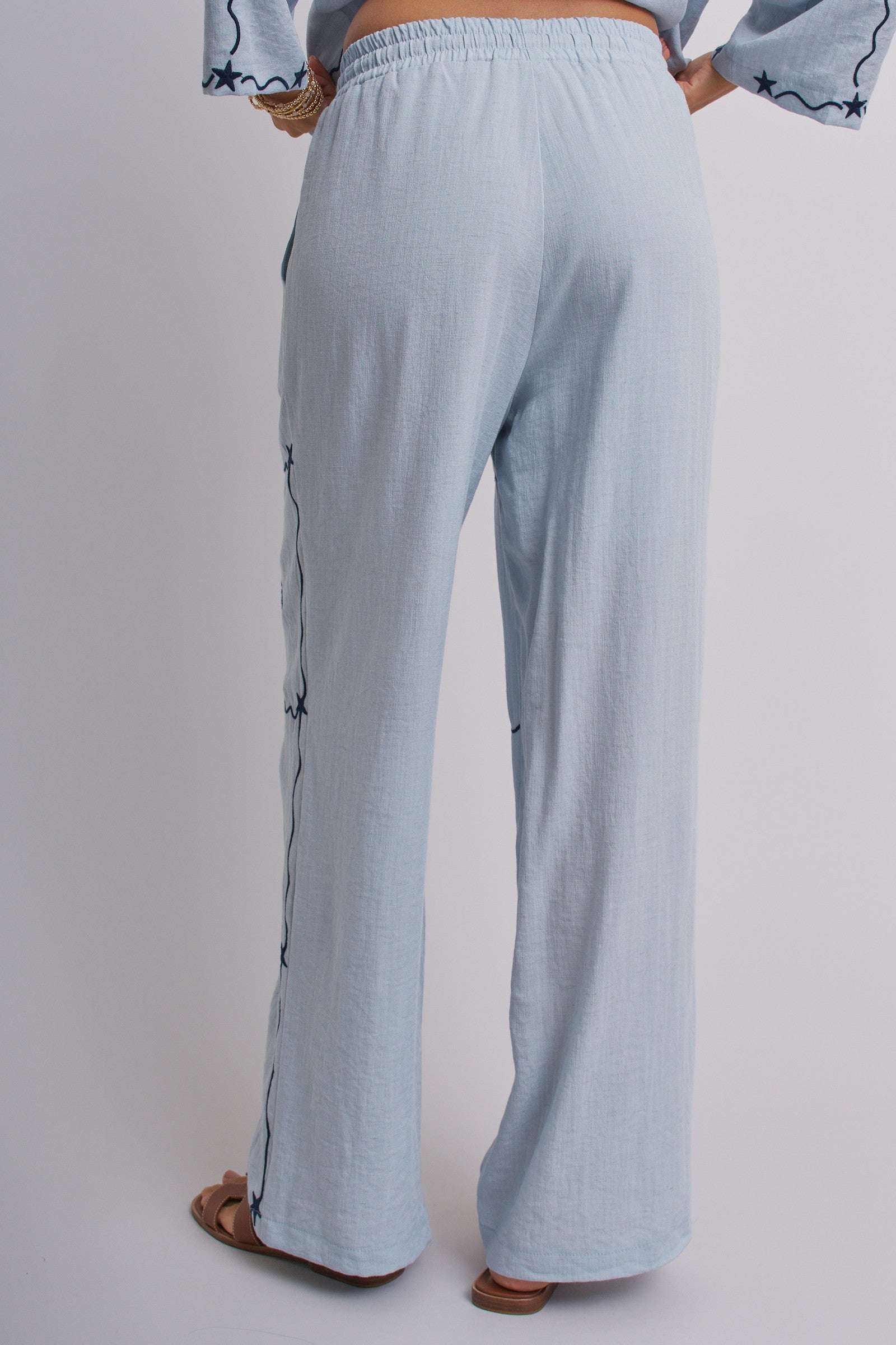 Summer Voyage Coastal Embroidered Wide-Leg Pants in BLUE - Women's Tops | Urban Daizy