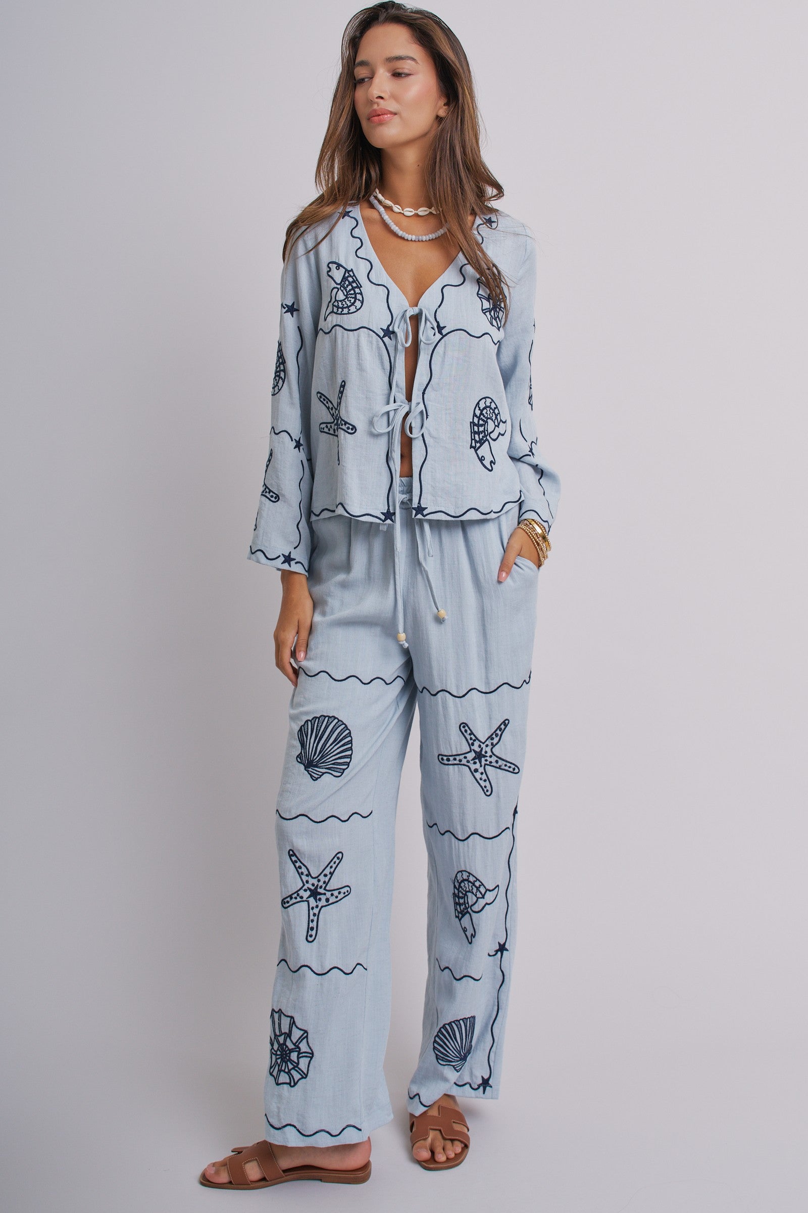 Summer Voyage Coastal Embroidered Wide-Leg Pants in BLUE - Women's Tops | Urban Daizy
