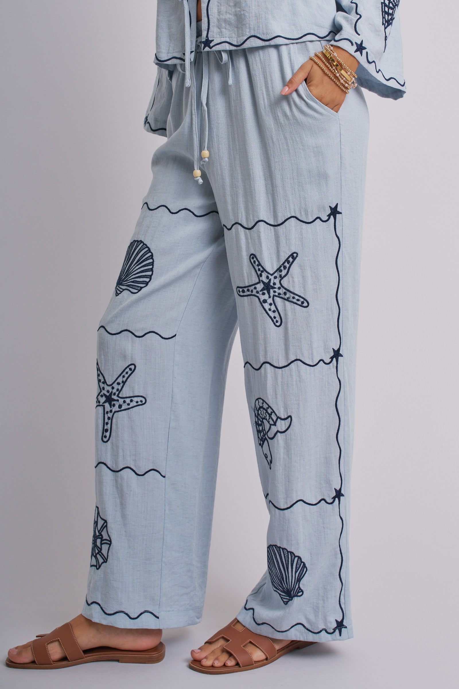 Summer Voyage Coastal Embroidered Wide-Leg Pants in BLUE - Women's Tops | Urban Daizy