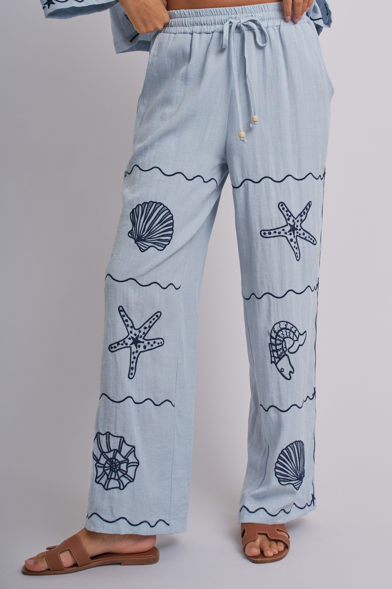Summer Voyage Coastal Embroidered Wide-Leg Pants in BLUE - Women's Tops | Urban Daizy