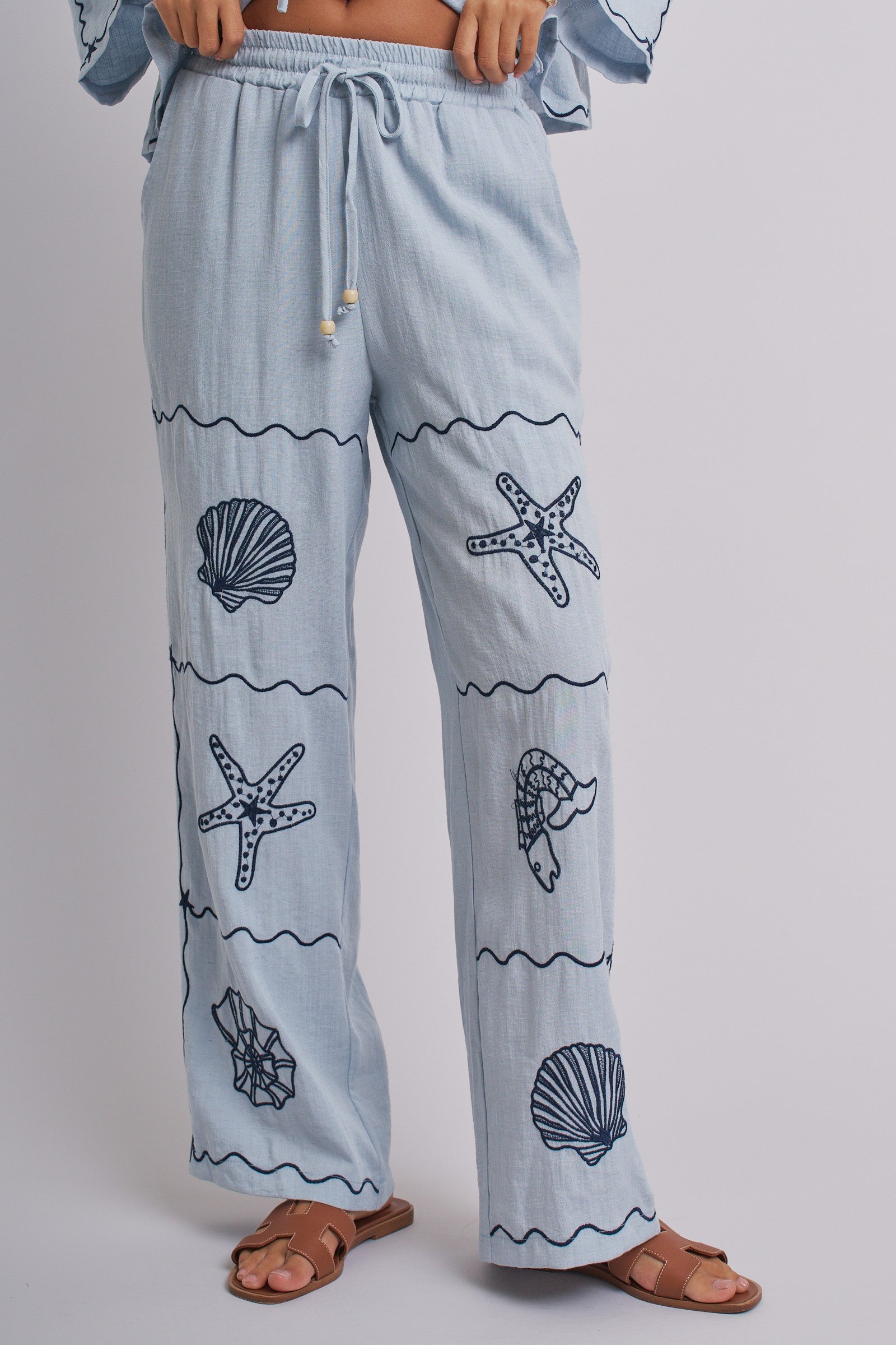 Summer Voyage Coastal Embroidered Wide-Leg Pants in BLUE - Women's Tops | Urban Daizy