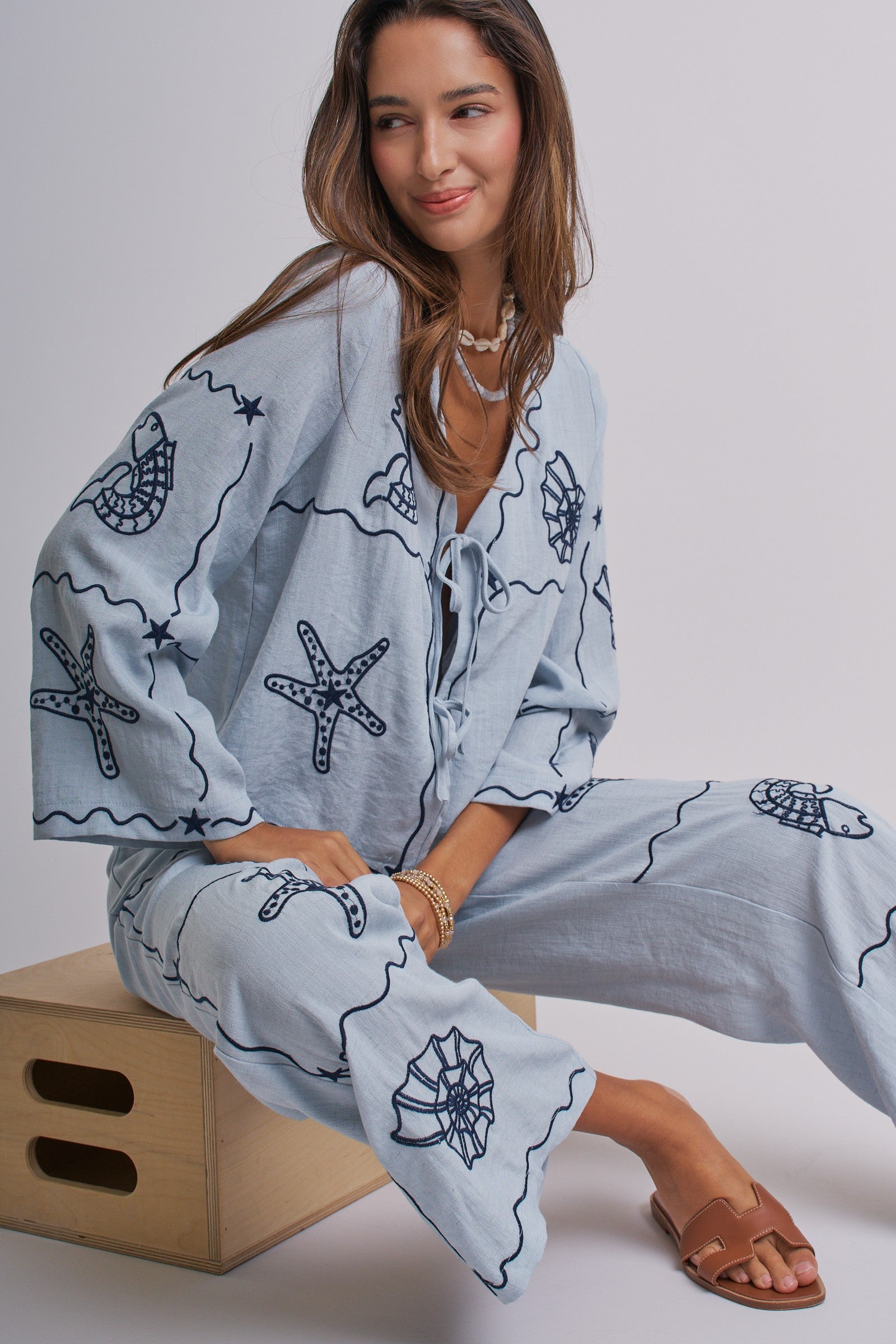 Summer Voyage Coastal Embroidered Wide-Leg Pants in BLUE - Women's Tops | Urban Daizy