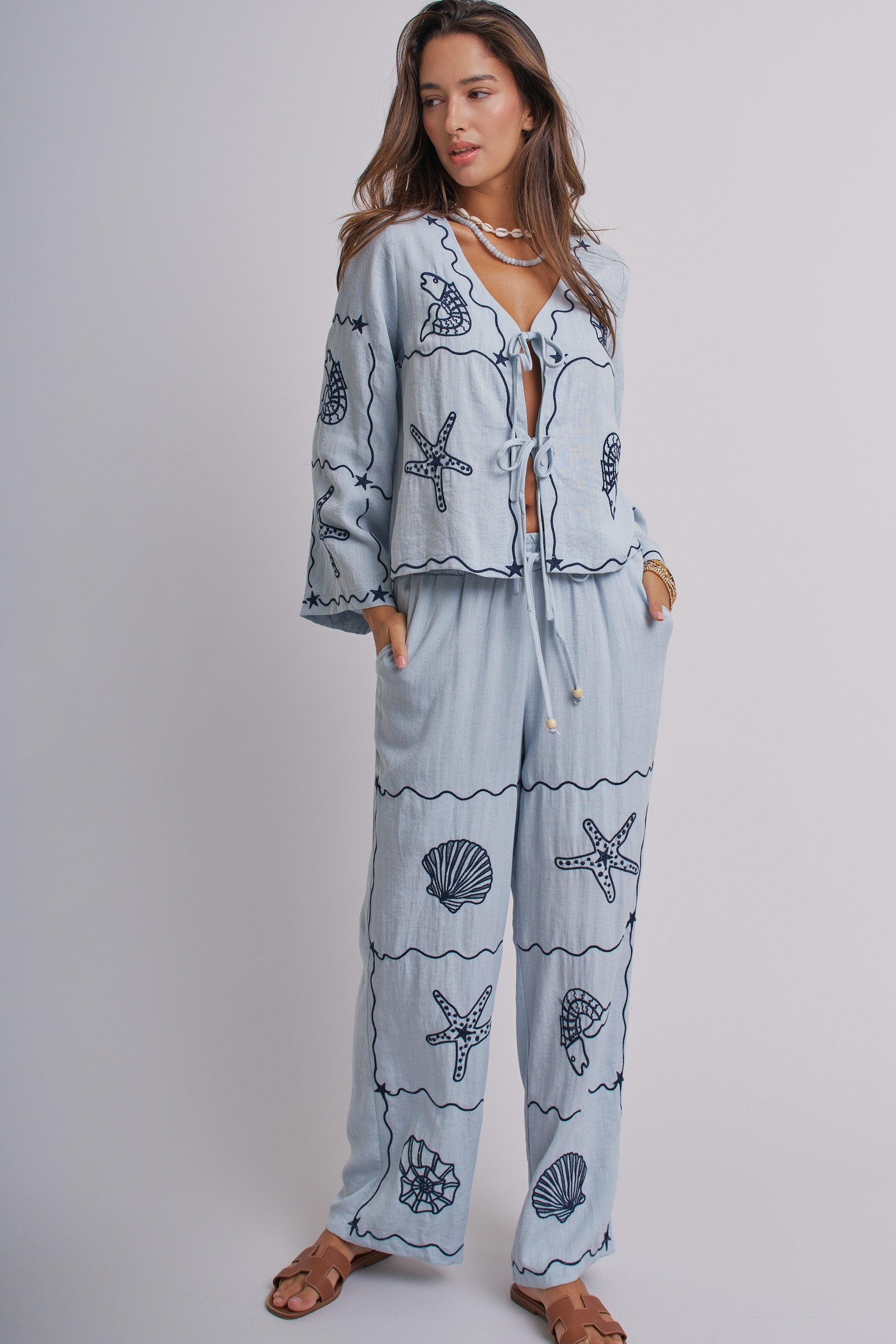 Summer Voyage Coastal Embroidered Wide-Leg Pants in BLUE - Women's Tops | Urban Daizy