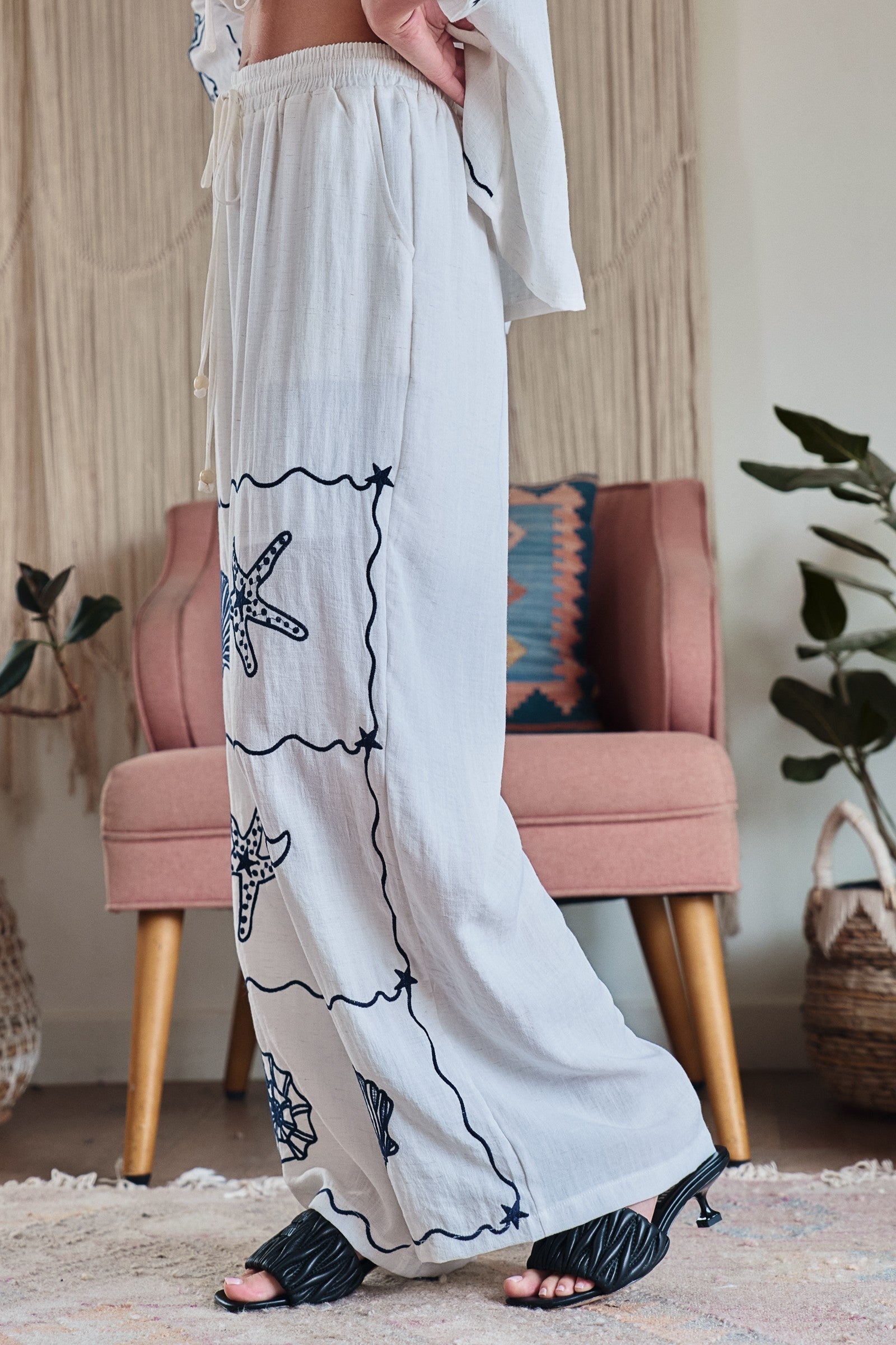 Summer Voyage Coastal Embroidered Wide-Leg Pants in WHITE - Women's Tops | Urban Daizy