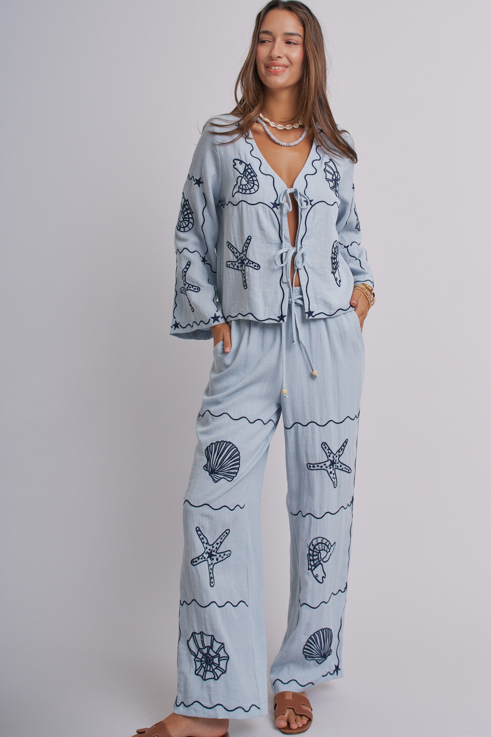 Summer Voyage Coastal Embroidered Wide-Leg Pants in BLUE - Women's Tops | Urban Daizy