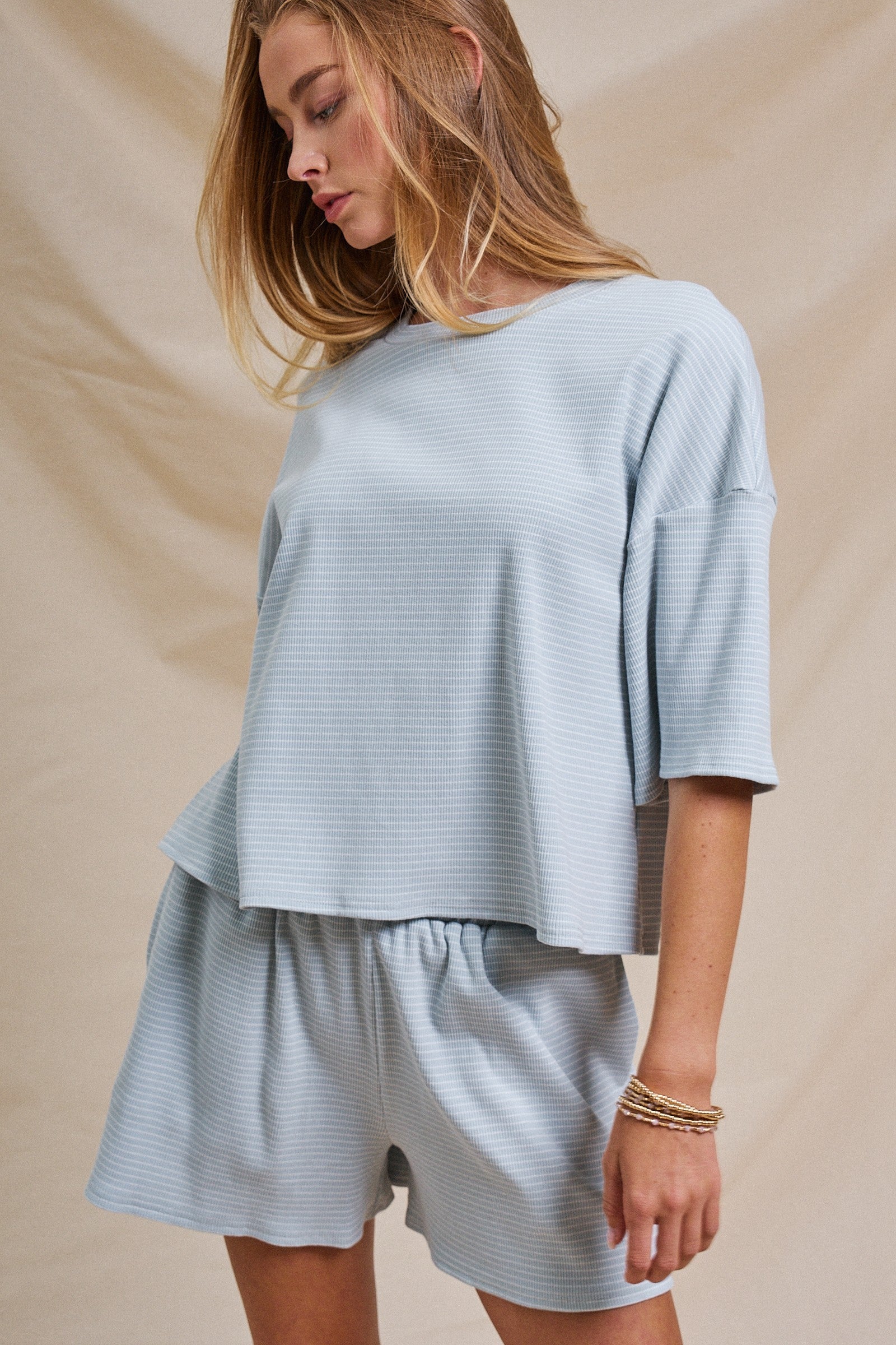Striped Knit Two-Piece Lounge Set Boxy Tee