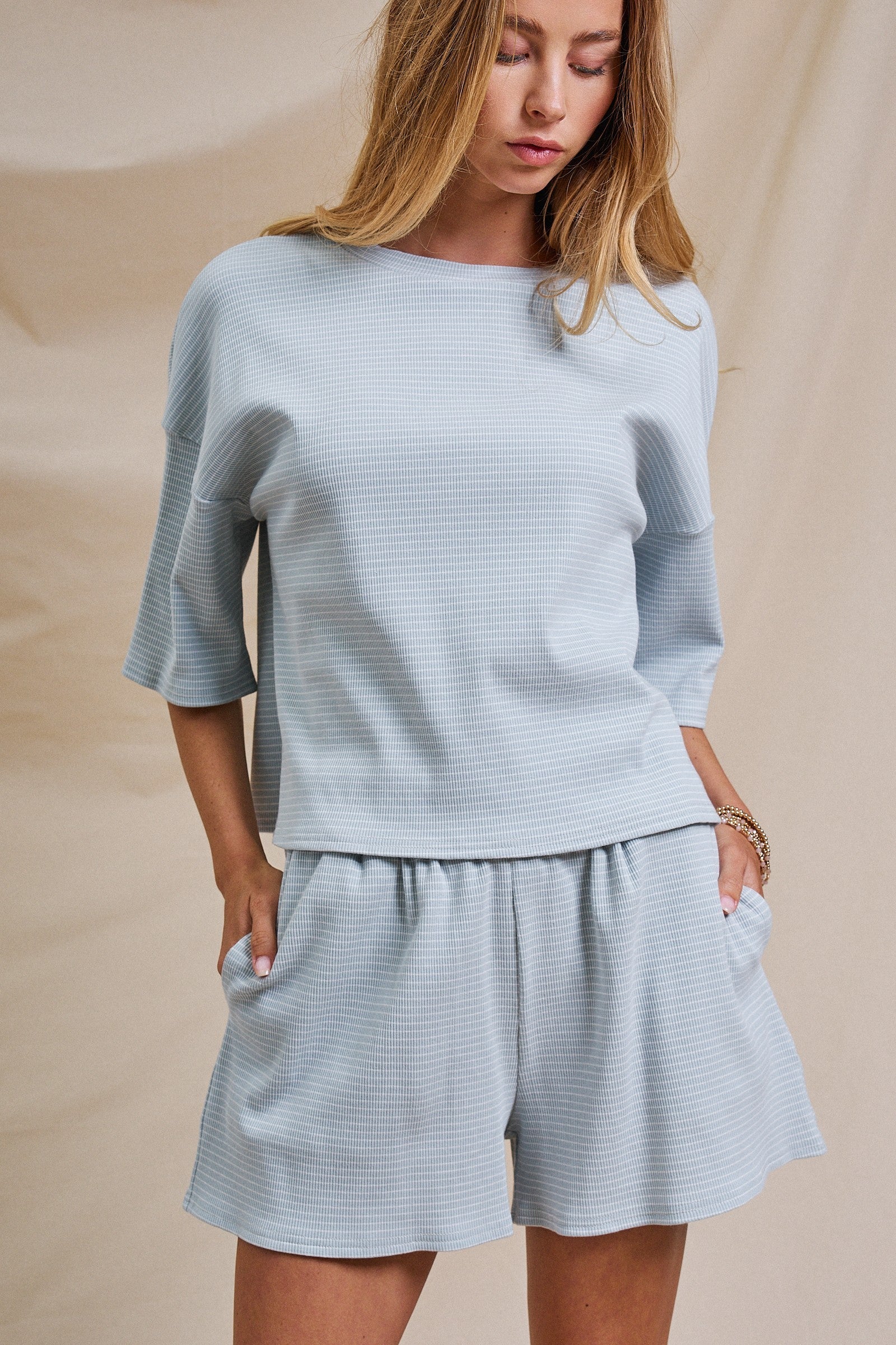 Striped Knit Two-Piece Lounge Set Boxy Tee