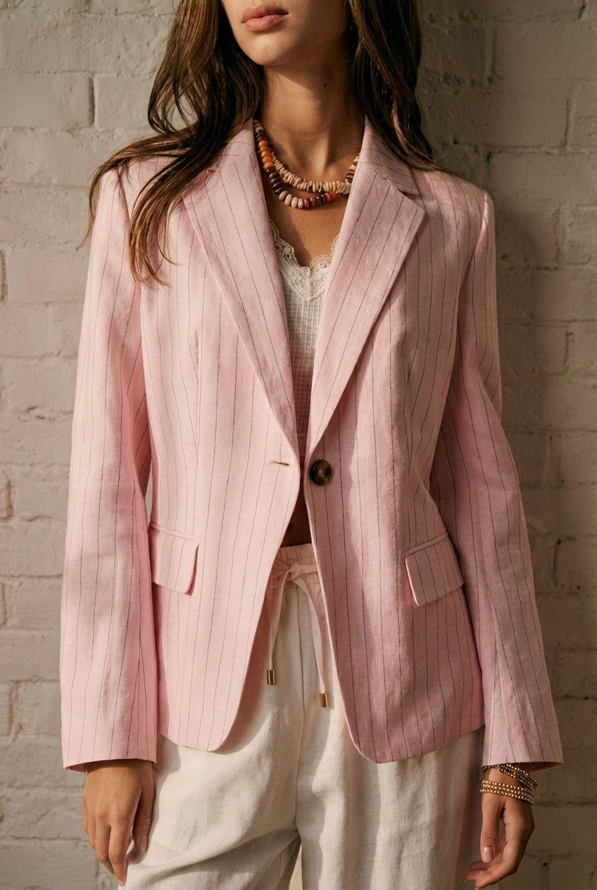 Pinstripe Single-Button Notch Lapel Blazer in LT PINK - Women's Fashion | Urban Daizy