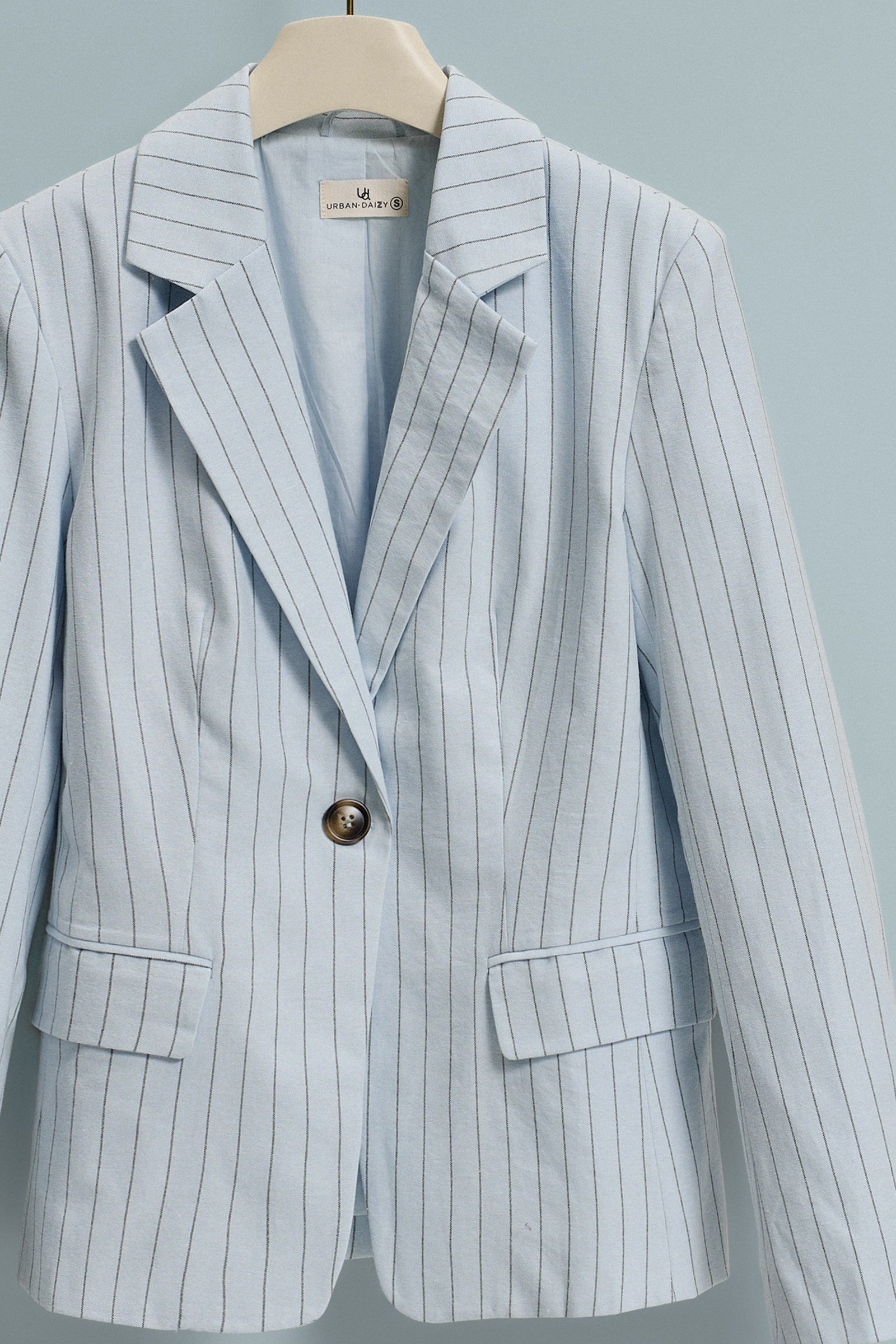 Pinstripe Single-Button Notch Lapel Blazer in LT BLUE - Women's Fashion | Urban Daizy