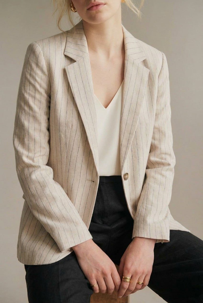 Pinstripe Single-Button Notch Lapel Blazer in LT KHAKI - Women's Fashion | Urban Daizy
