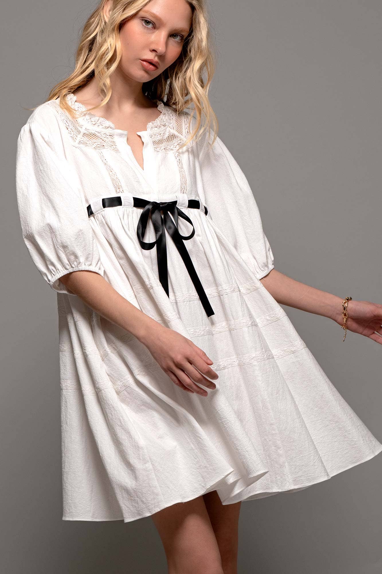 Urban Daizy Square Neck Lace Trim Bow Detail Empire Waist Dress Ivory Dress - Women's (UDZ-DR-00332) – alternate view 13