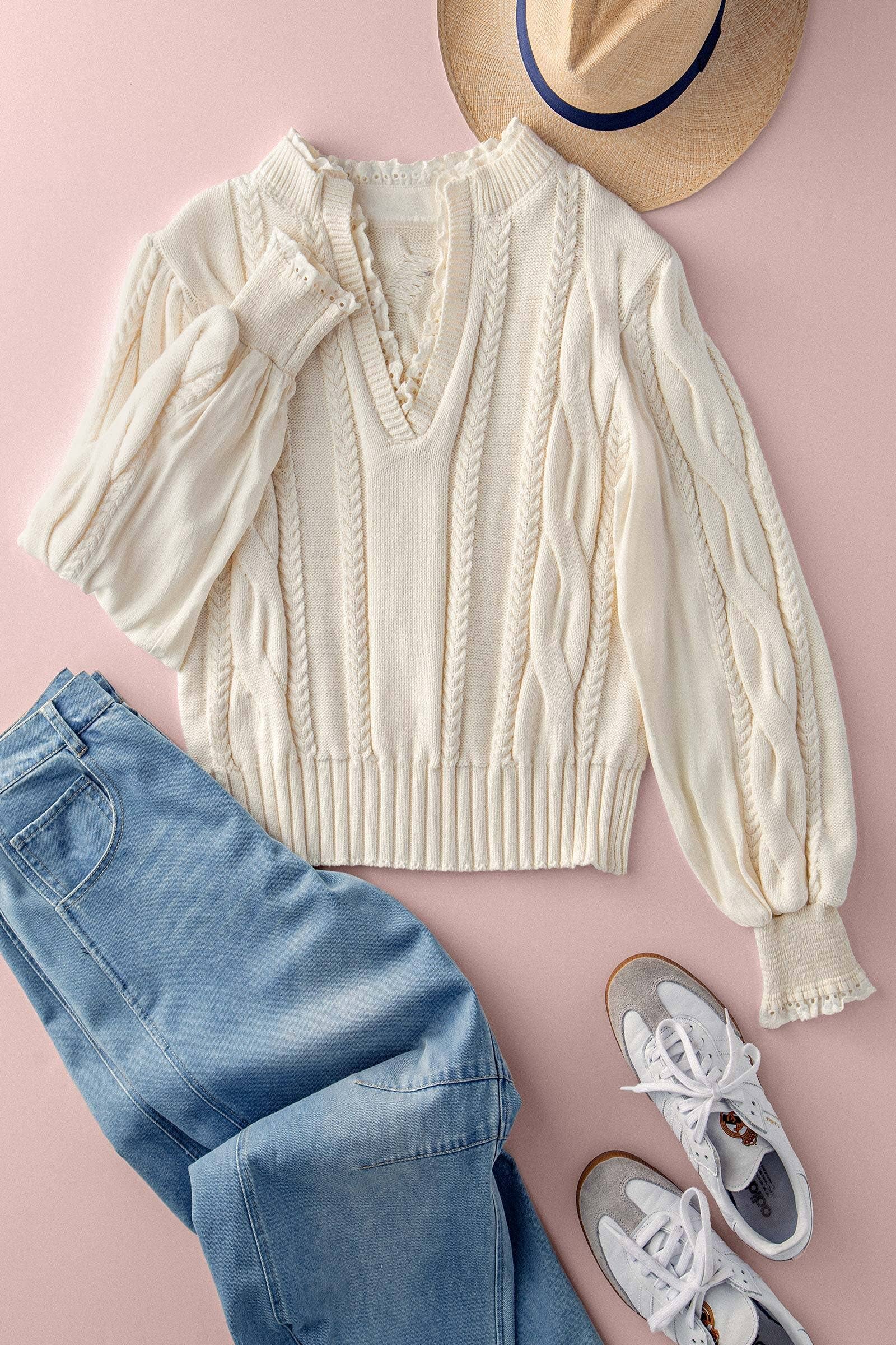 Lace Trim Cable Knit Pullover Sweater