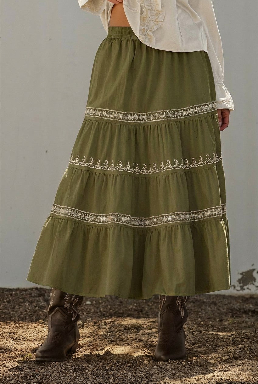 Embroidered Tiered Cotton Maxi Skirt