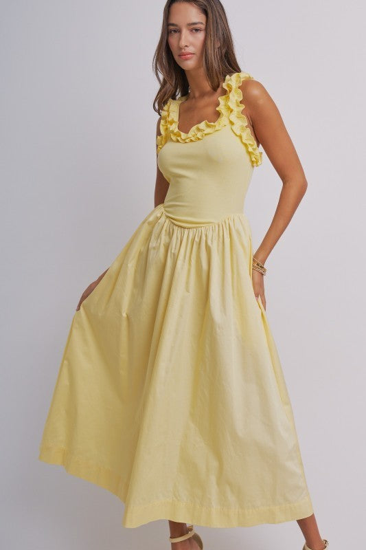 Soft Ruffle Bodice Midi Dress in BUTTER YELLOW - Women's Dresses | Urban Daizy