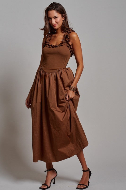 Soft Ruffle Bodice Midi Dress in BROWN - Women's Dresses | Urban Daizy