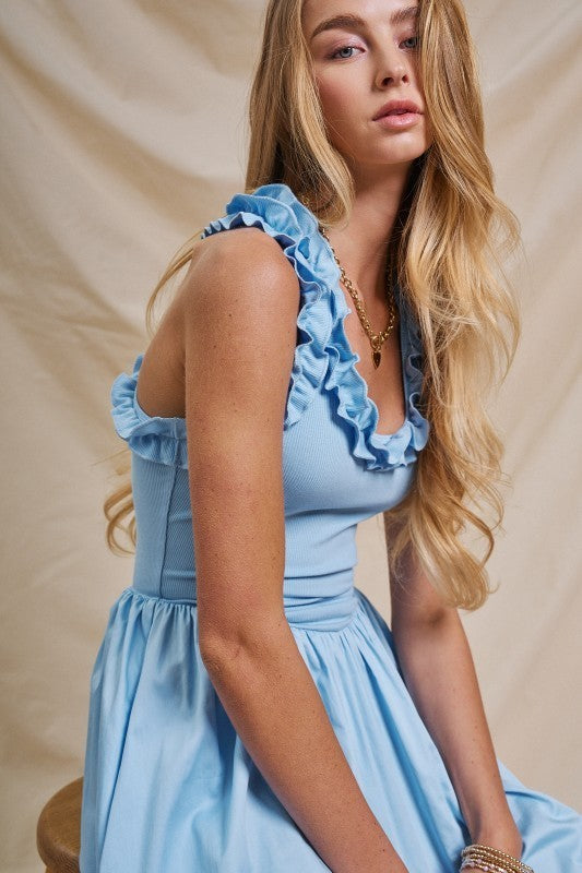 Soft Ruffle Bodice Midi Dress in LT BLUE - Women's Dresses | Urban Daizy