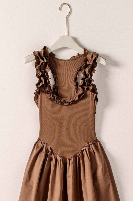 Soft Ruffle Bodice Midi Dress in BROWN - Women's Dresses | Urban Daizy