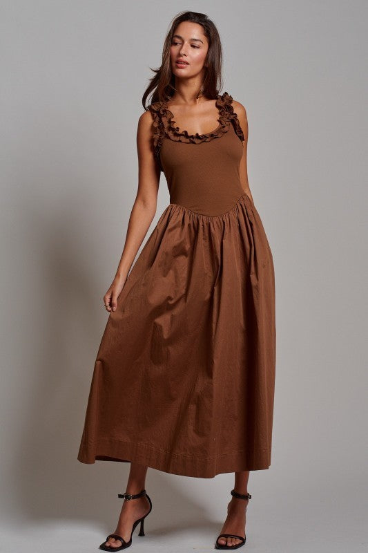 Soft Ruffle Bodice Midi Dress in BROWN - Women's Dresses | Urban Daizy