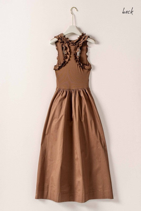 Soft Ruffle Bodice Midi Dress in BROWN - Women's Dresses | Urban Daizy