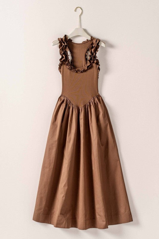 Soft Ruffle Bodice Midi Dress in BROWN - Women's Dresses | Urban Daizy