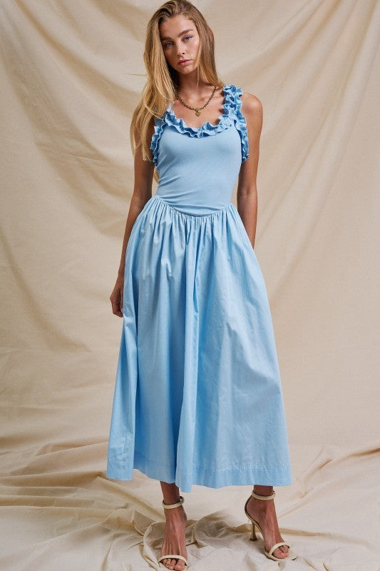 Soft Ruffle Bodice Midi Dress in LT BLUE - Women's Dresses | Urban Daizy