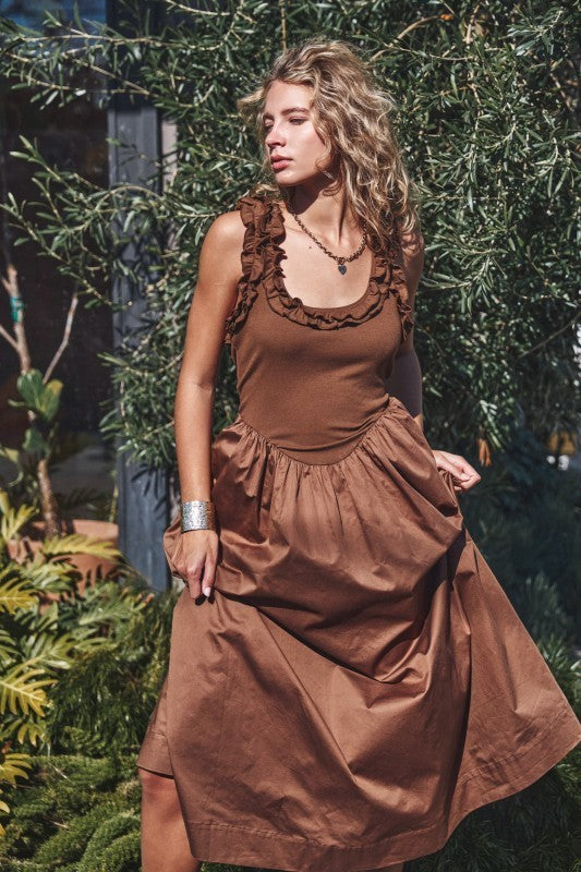 Soft Ruffle Bodice Midi Dress in BROWN - Women's Dresses | Urban Daizy