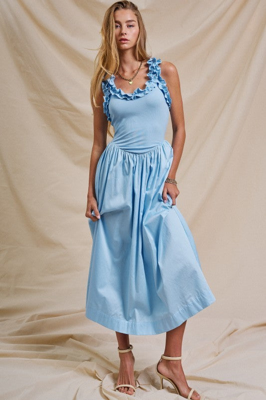 Soft Ruffle Bodice Midi Dress in LT BLUE - Women's Dresses | Urban Daizy
