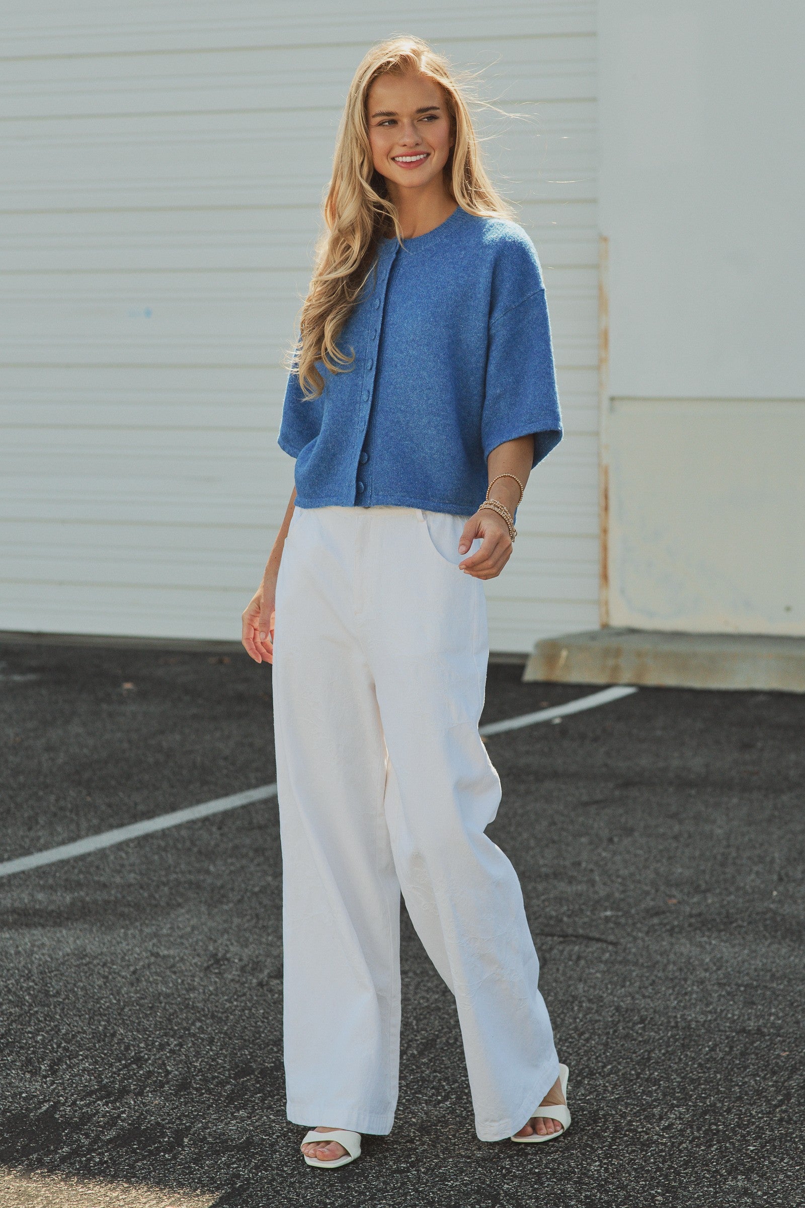 Cropped Knit Button-Front Cardigan Dropped Shoulder
