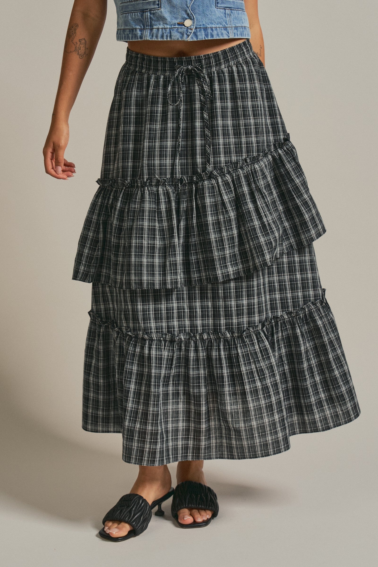 Plaid Tiered Ruffle Maxi Skirt Western Cowgirl Boho Long Ski in BLACK - Women's Midi Skirts | Urban Daizy