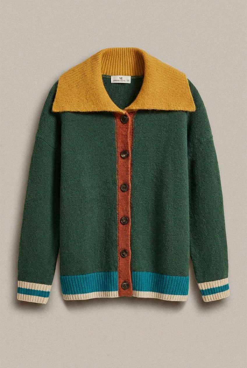 Colorblock Collared Button-Down Knit Cardigan