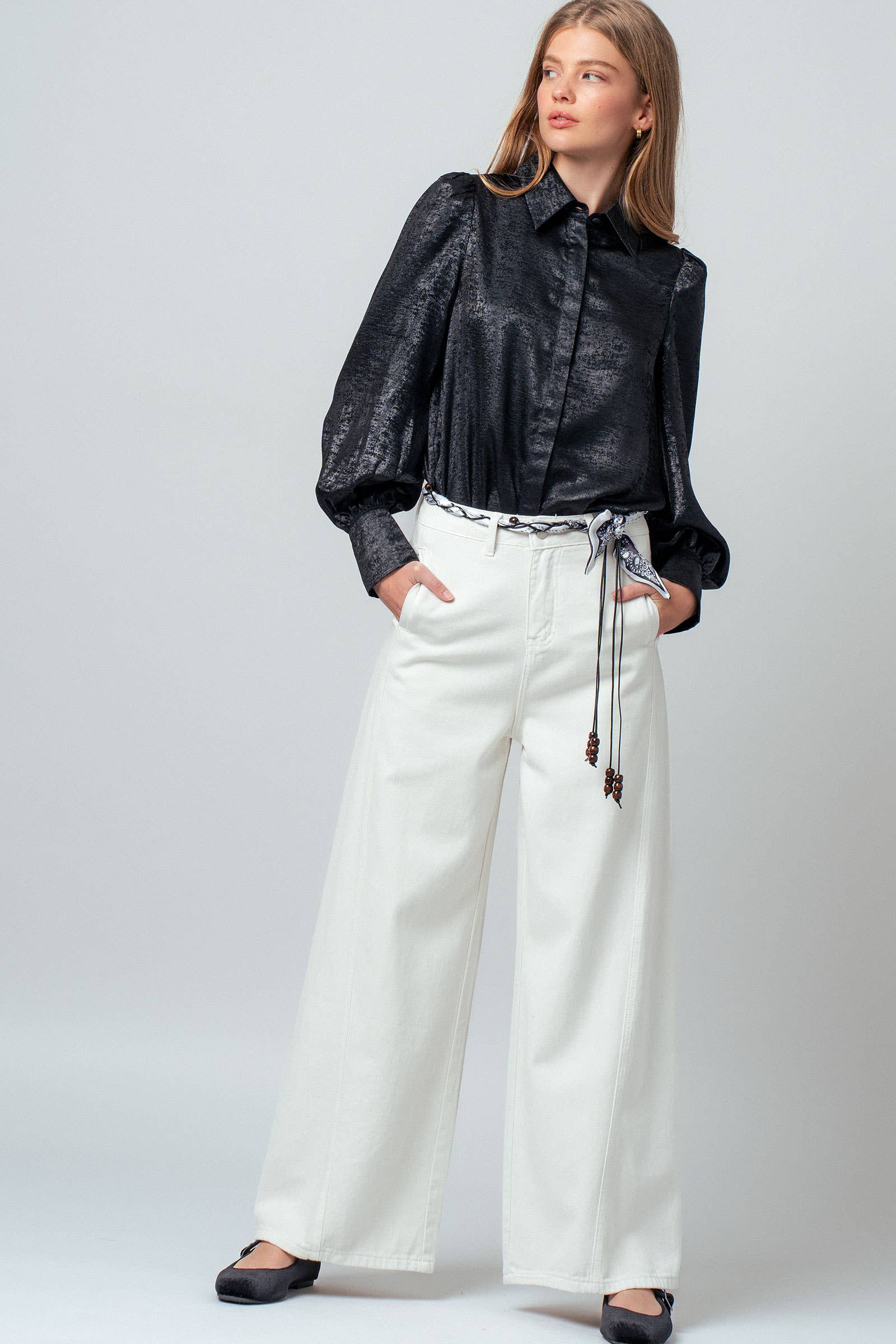 Metallic Billowy Sleeve Button Down Blouse