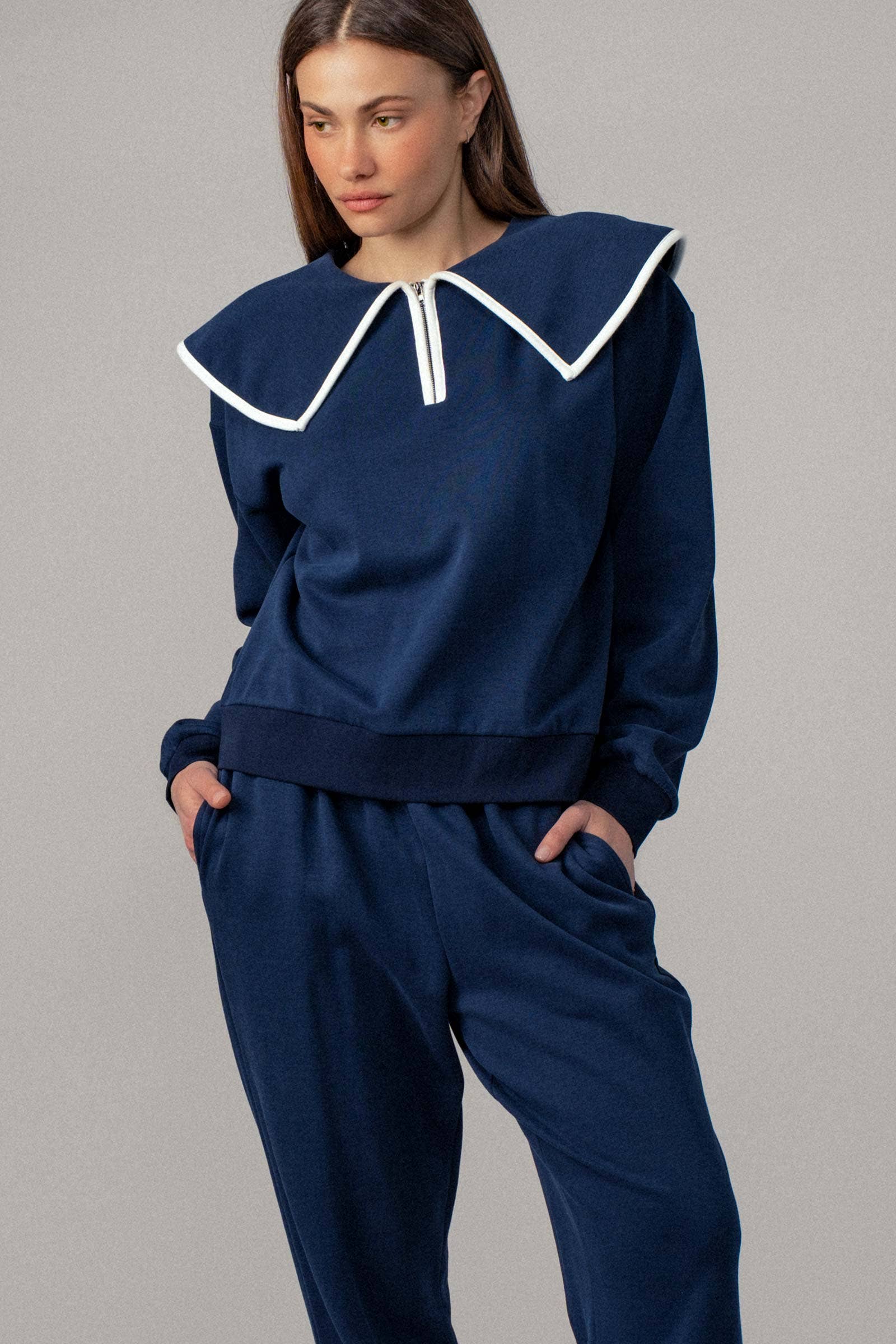 Urban Daizy Statement Sailor Collar Quarter Zip Lounge Set H-Grey Black Top & Pant Set (NOT Loungewear) - Women's… –…