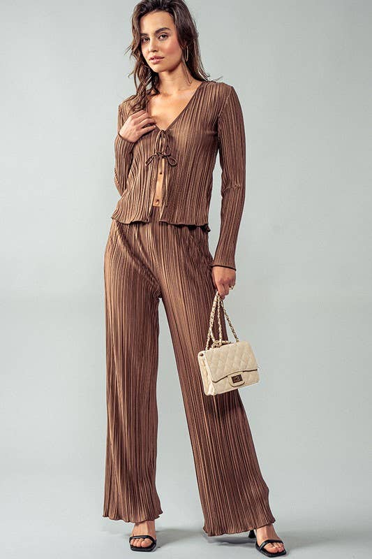 Urban Daizy Shimmer Pleated Wide Leg Elastic Waist Pants Brown Pants - Women's (UDZ-PT-00231) – alternate view 8