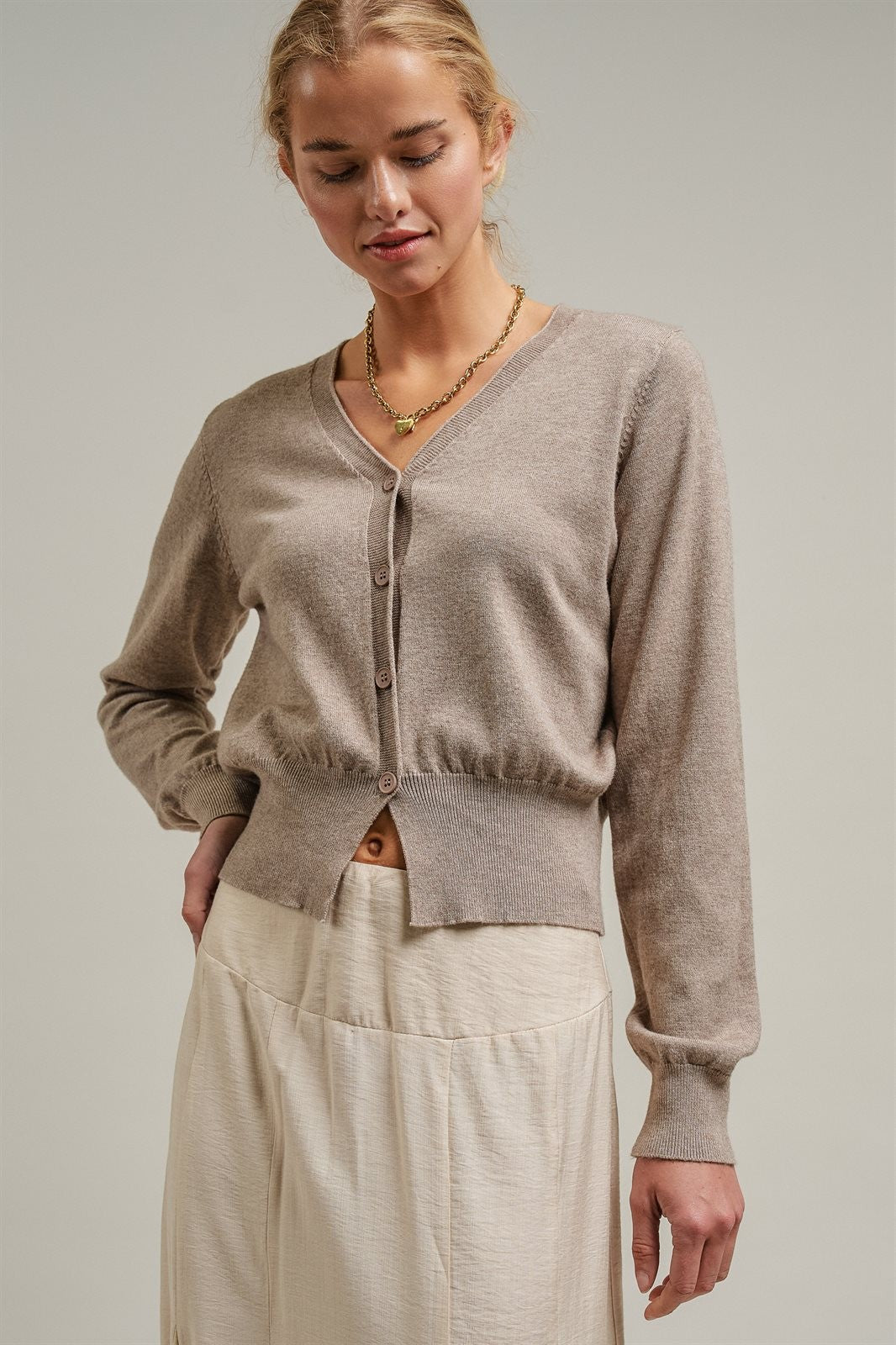 Soft V-Neck Button Knit Cardigan in H MOCHA - Women's Cardigans & Shrugs | Urban Daizy