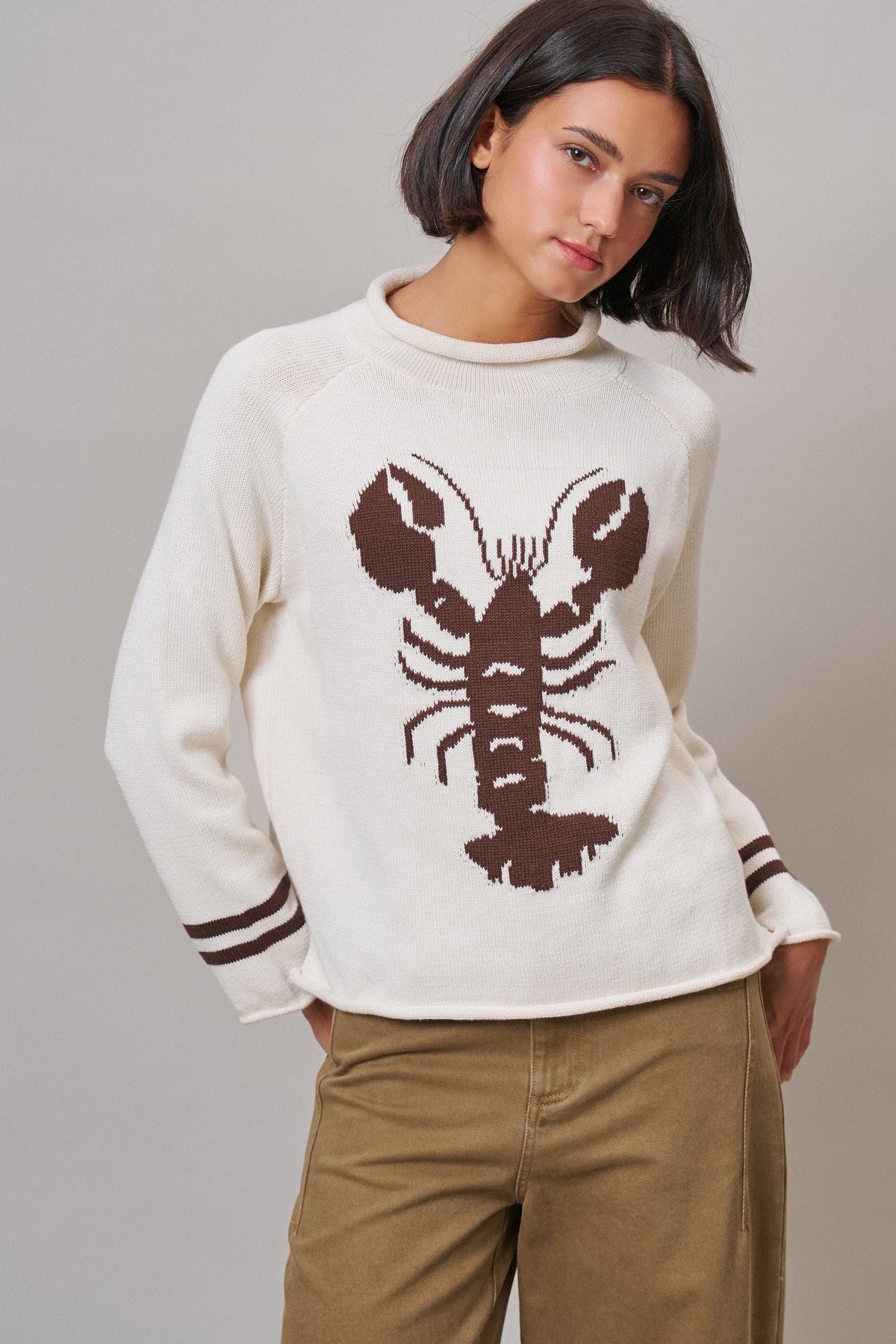 Lobster Intarsia Mock Neck Knit Sweater in IVORY - Women's Sweaters | Urban Daizy