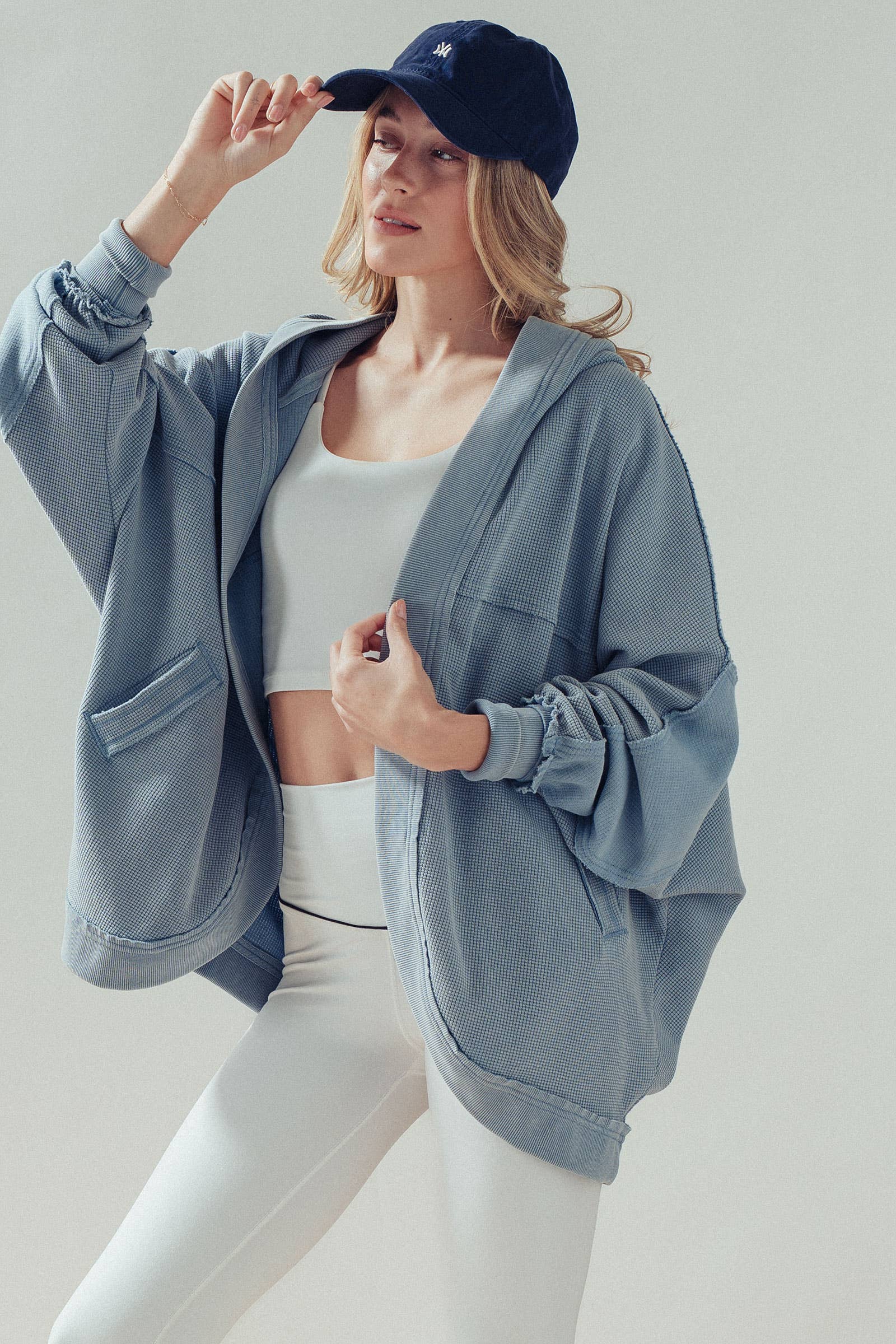 Washed Waffle Knit Hooded Cardigan