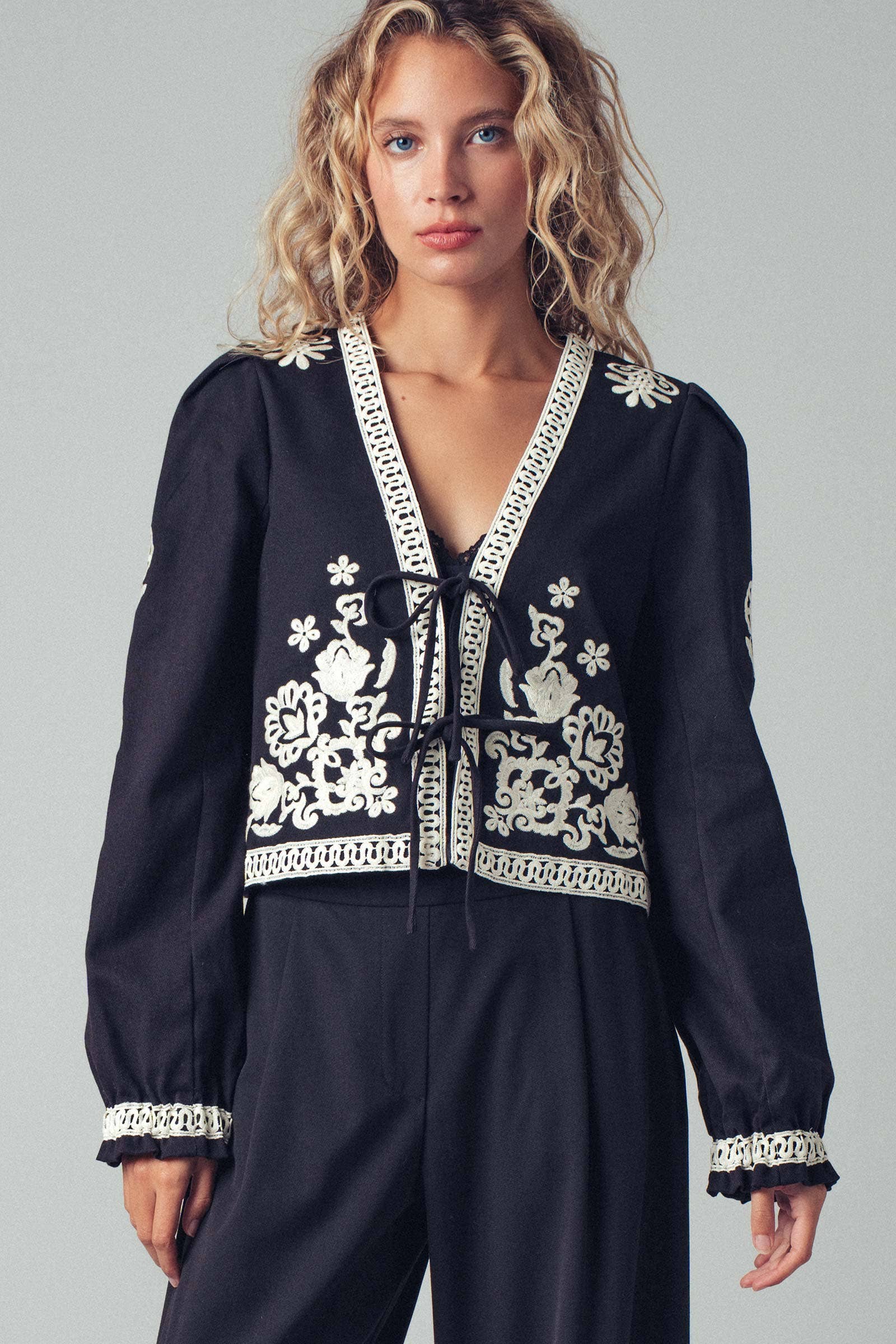 Urban Daizy Embroidered Boho Tie Neck Blouse Ecru Blouse - Women's (UDZ-OT-00357) – alternate view 6