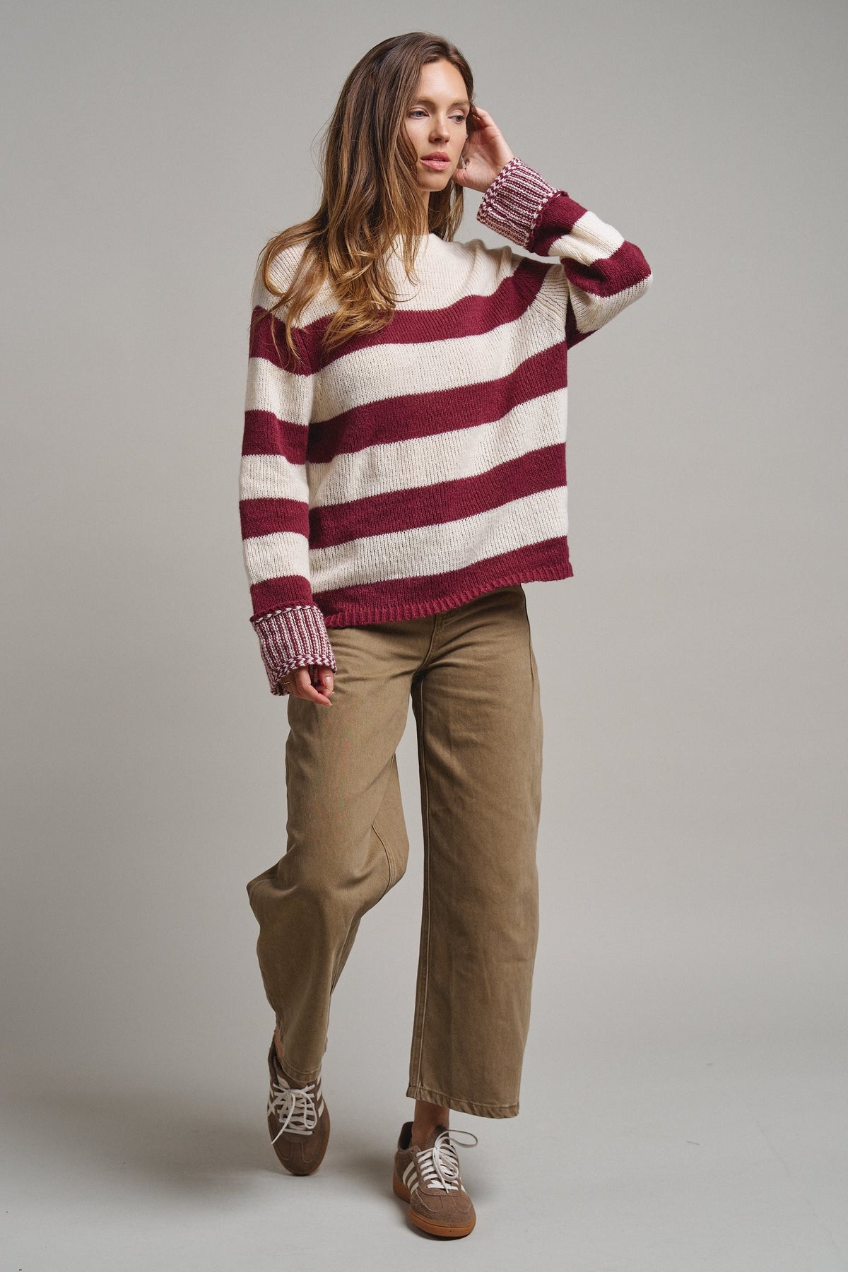 Striped Oversized Chunky Knit Sweater in BURGUNDY - Women's Sweaters | Urban Daizy
