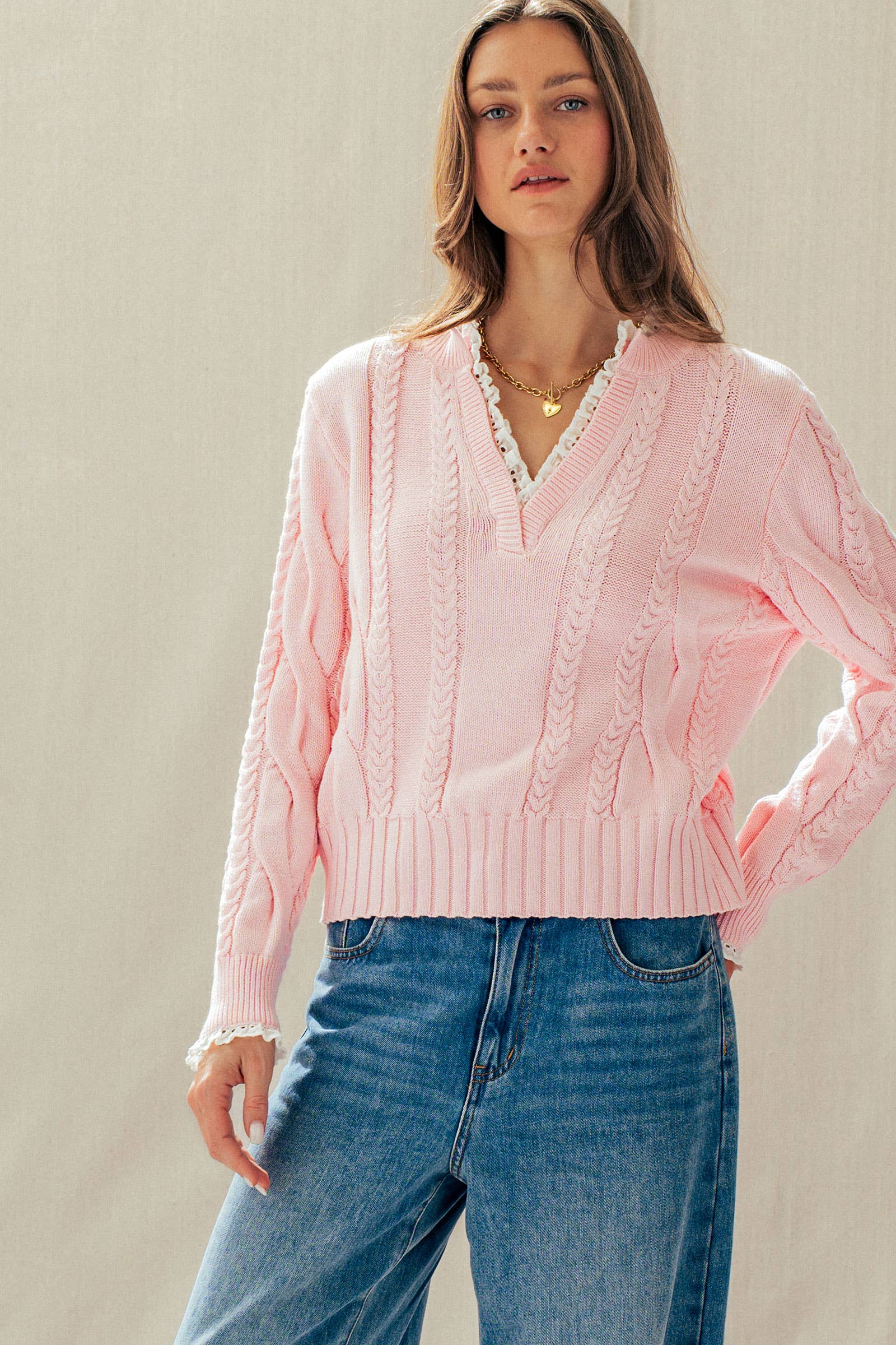 Lace Trim Cable Knit Pullover Sweater
