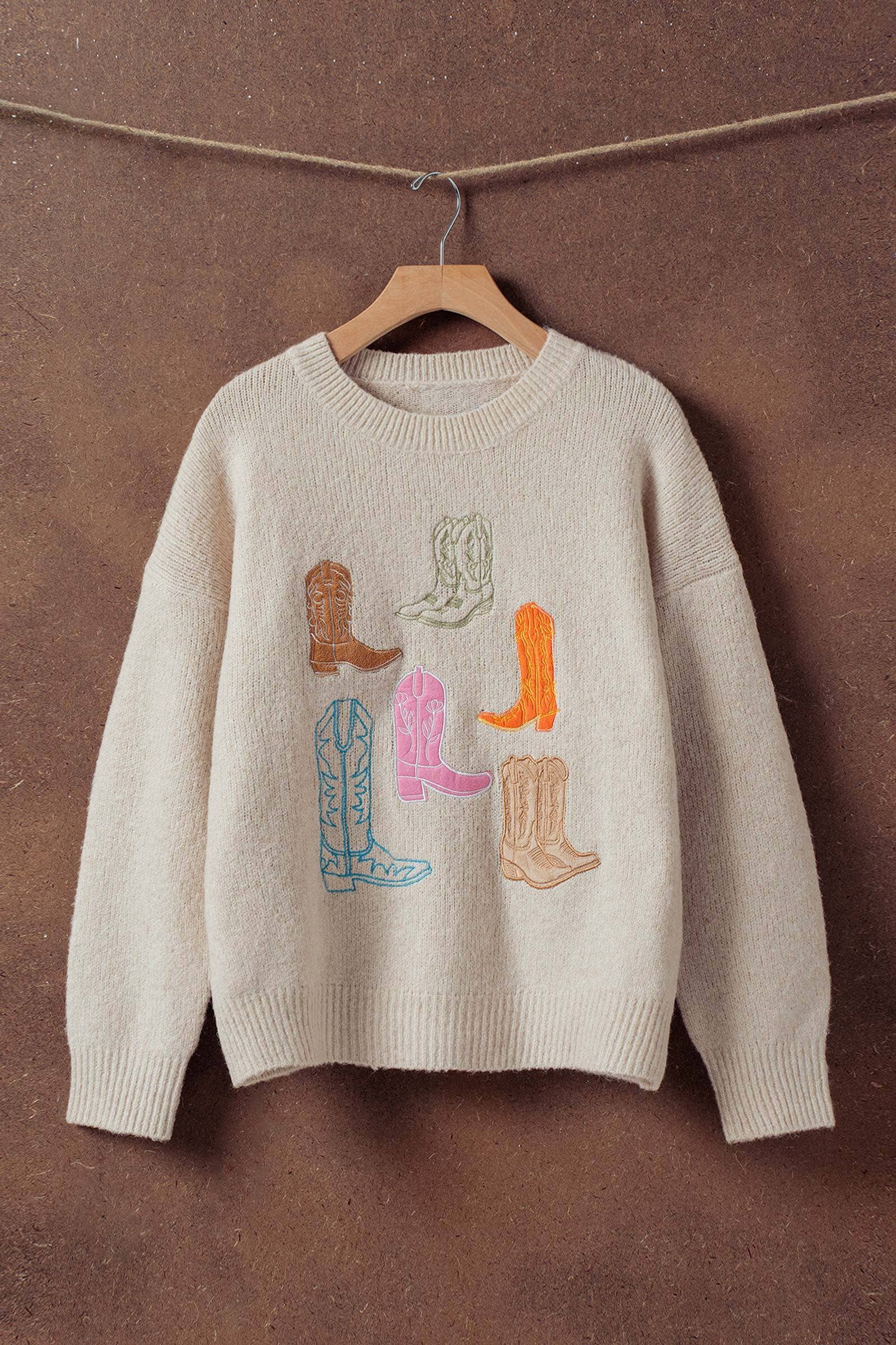 Western Embroidered Cowboy Boot Sweater