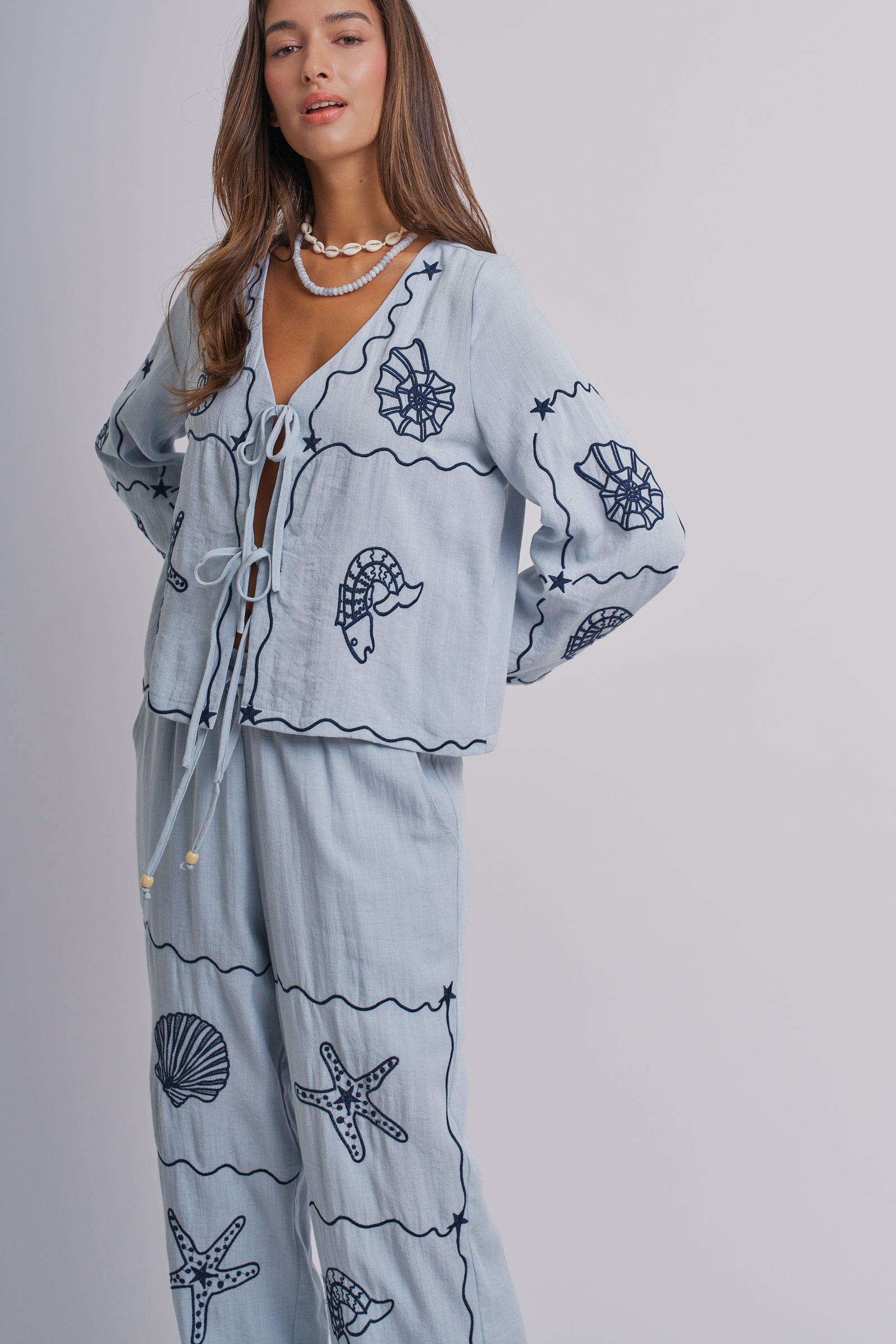 Nautical Shell Embroidered Tie-Front Top