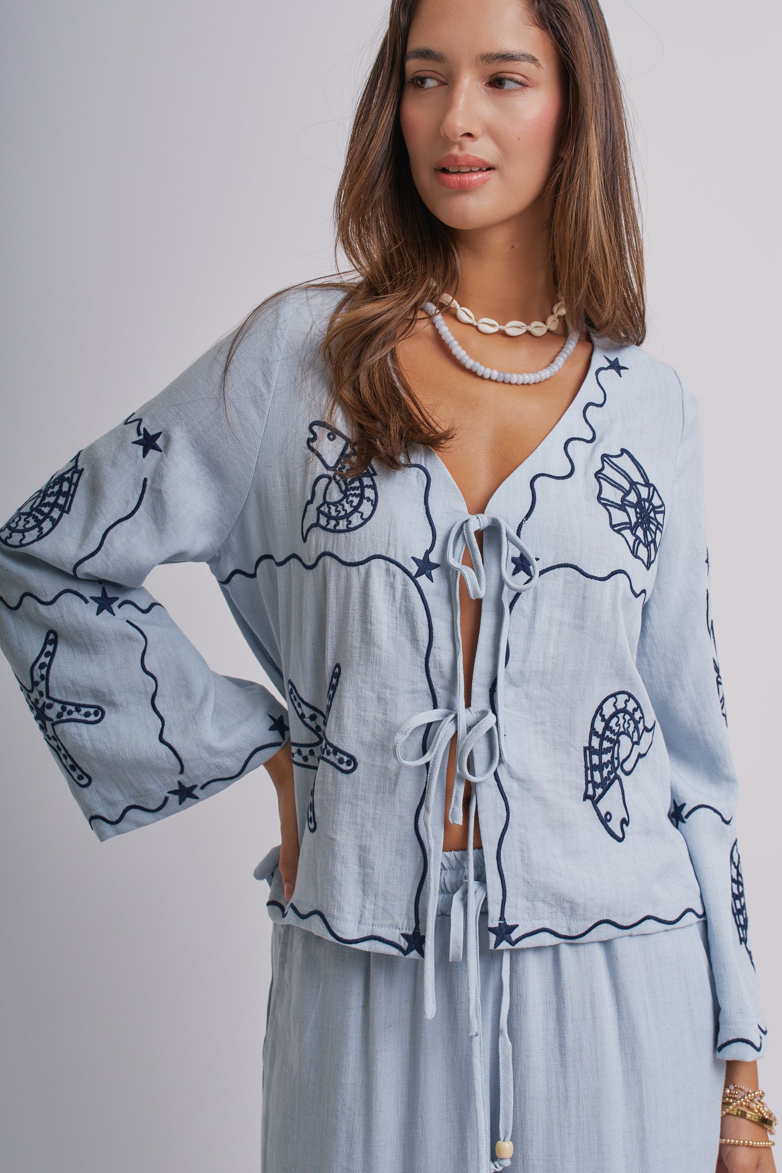 Nautical Shell Embroidered Tie-Front Top