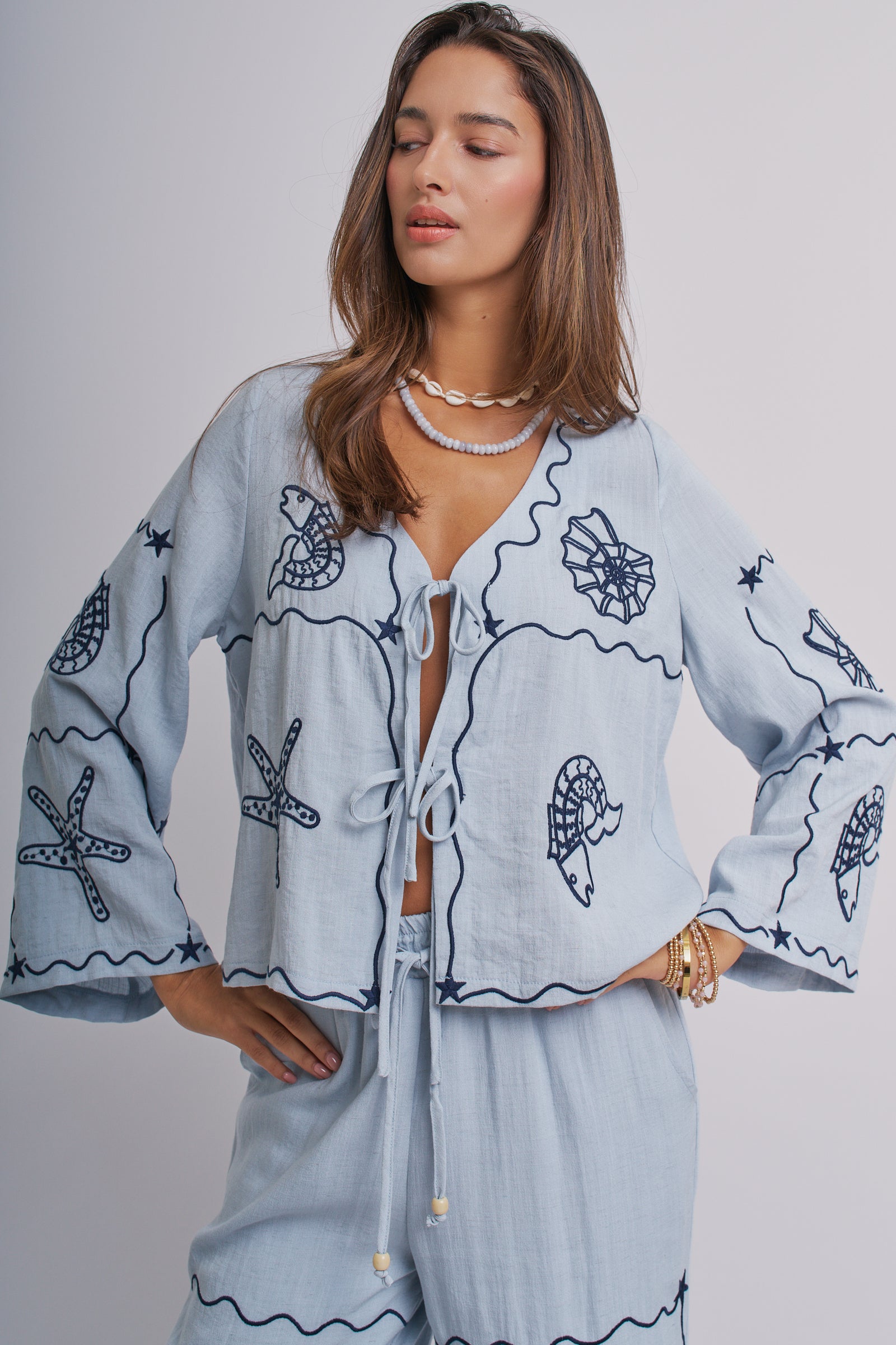 Nautical Shell Embroidered Tie-Front Top