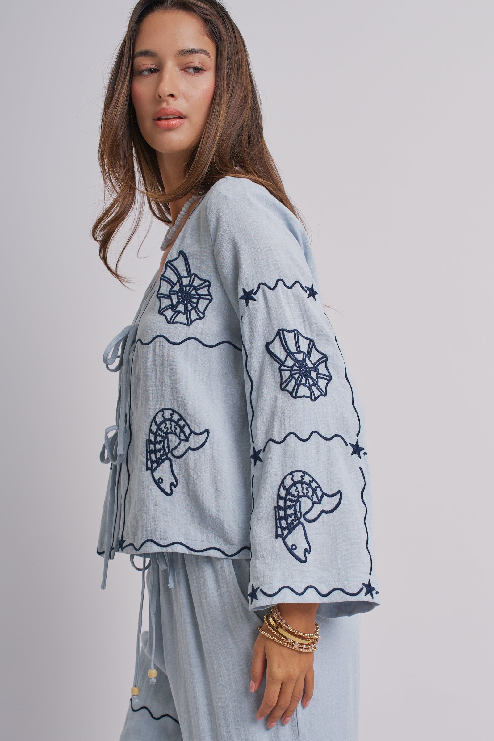 Nautical Shell Embroidered Tie-Front Top