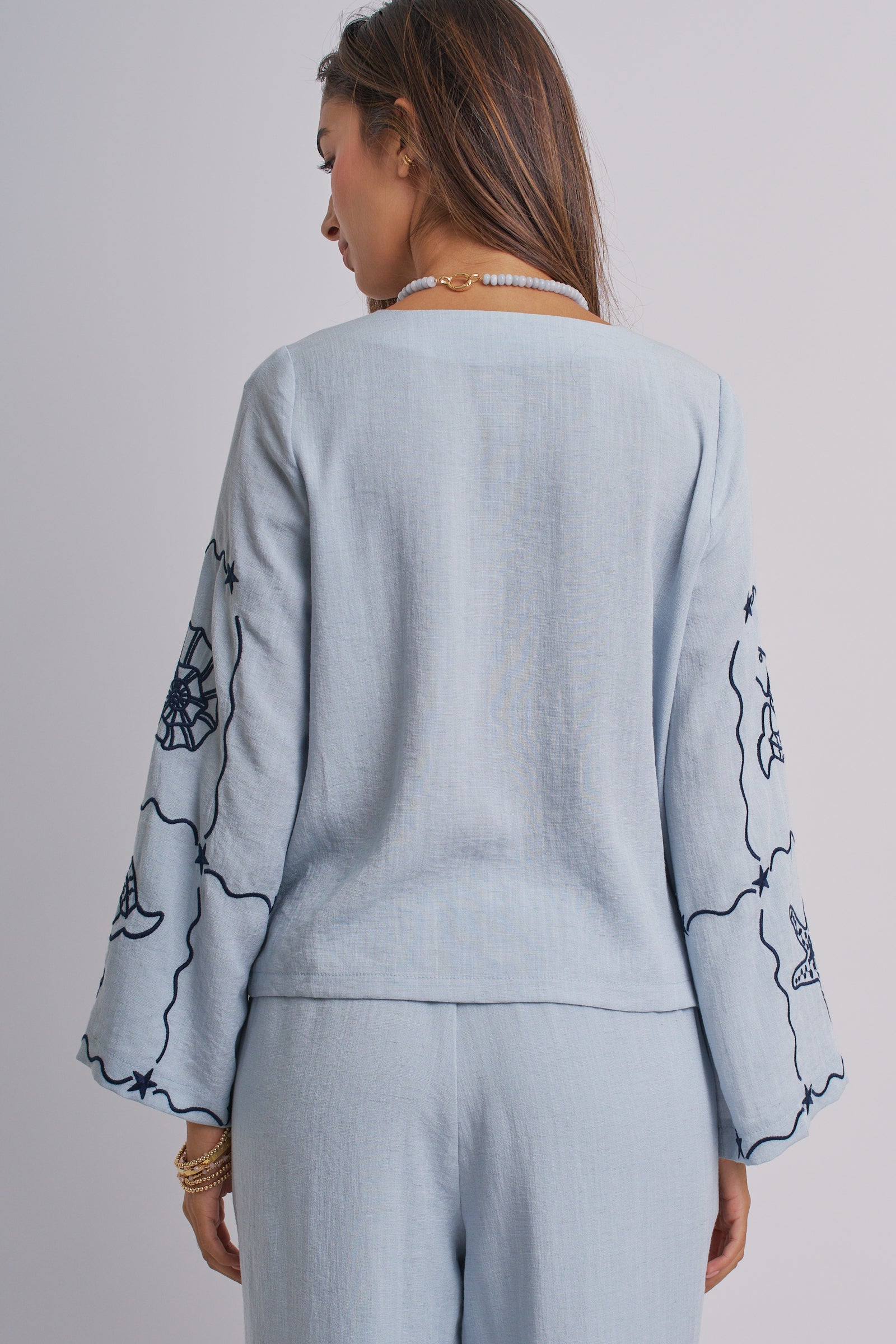 Nautical Shell Embroidered Tie-Front Top