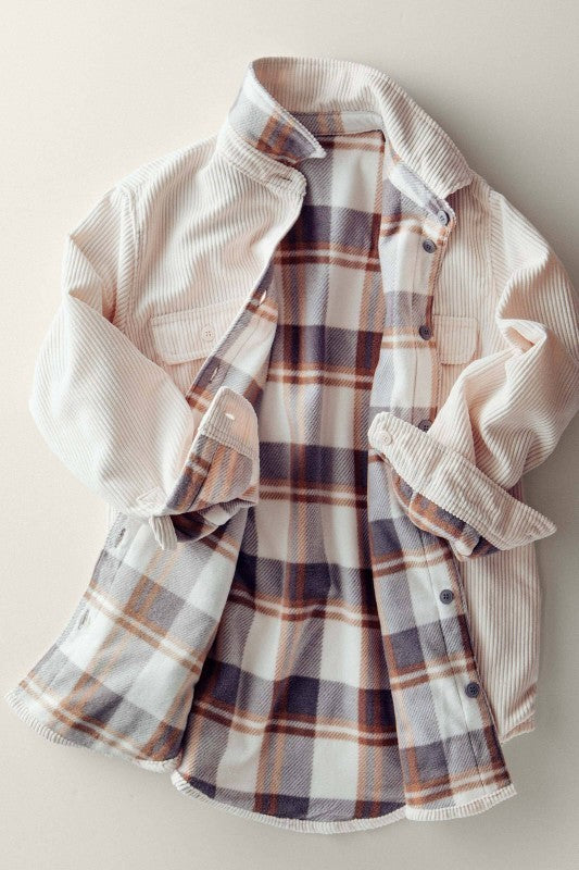 Reversible Corduroy Flannel Plaid Shacket Western for Women in CREAM - Women's Jackets & Blazers | Urban Daizy