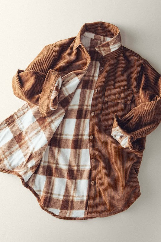 Reversible Corduroy Flannel Plaid Shacket Western for Women in BROWN - Women's Jackets & Blazers | Urban Daizy
