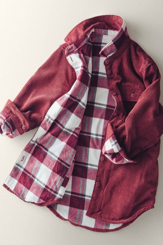 Reversible Corduroy Flannel Plaid Shacket Western for Women in BURGUNDY - Women's Jackets & Blazers | Urban Daizy