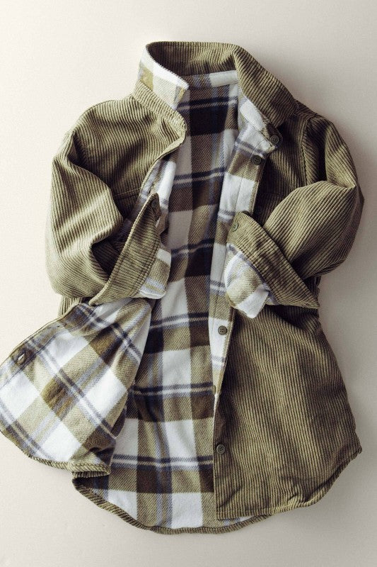 Reversible Corduroy Flannel Plaid Shacket Western for Women in OLIVE - Women's Jackets & Blazers | Urban Daizy