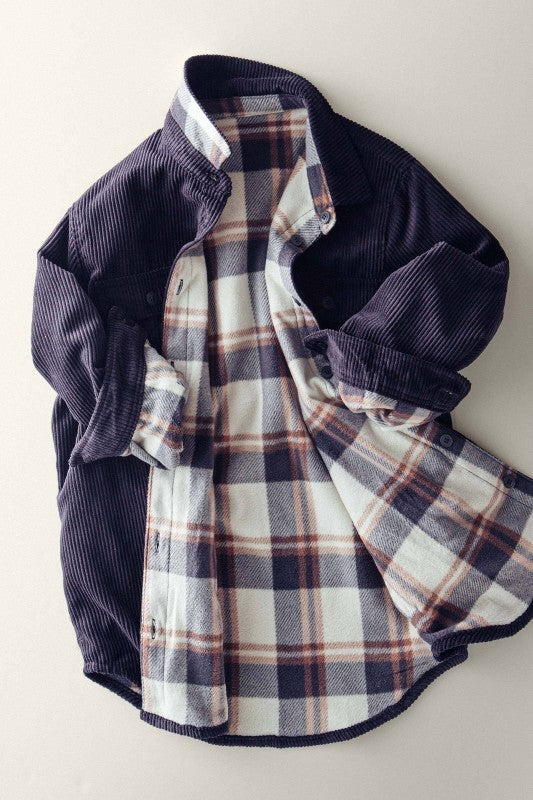 Reversible Corduroy Flannel Plaid Shacket Western for Women in BLACK - Women's Jackets & Blazers | Urban Daizy